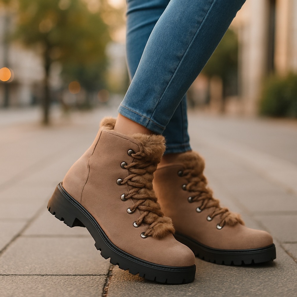 Sz 6 Journee Collection Taupe Faux Fur Trail Lace Up Boots NWT $70 MSRP